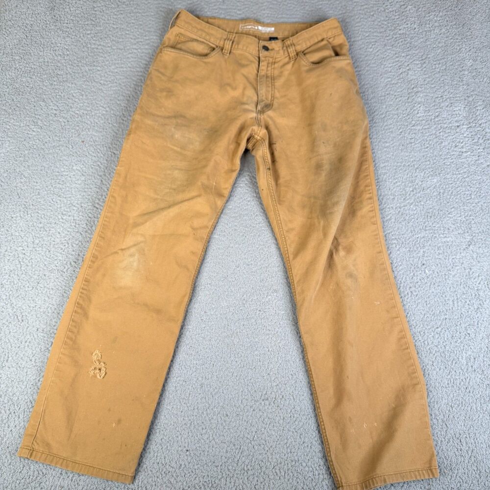 CARHARTT Pants Men 33x32 Beige Canvas Relaxed Fit Workwear Distressed 102517 918